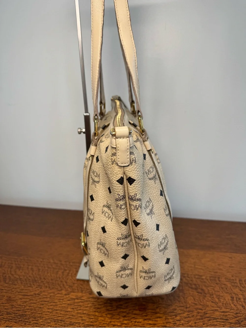 MCM Beige Visetos Monogram Pleated Coated Canvas Tote Bag with COA